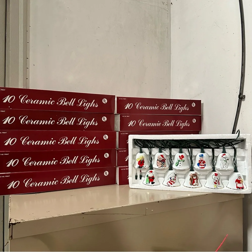 Vintage White Ceramic Bell Christmas Tree String Lights Working Cottage Retro